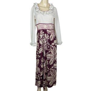 Vintage 1970s long sleeve ruffle neck sleeve floral print red white maxi dress S